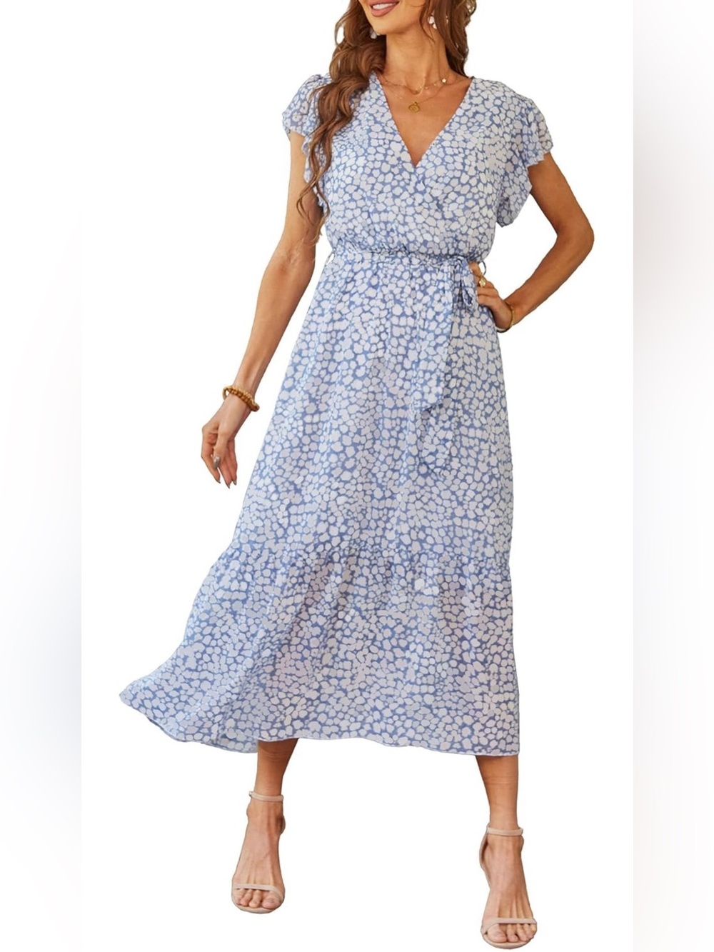 Light Blue Floral Maxi Dress with Ruffle Sleeves